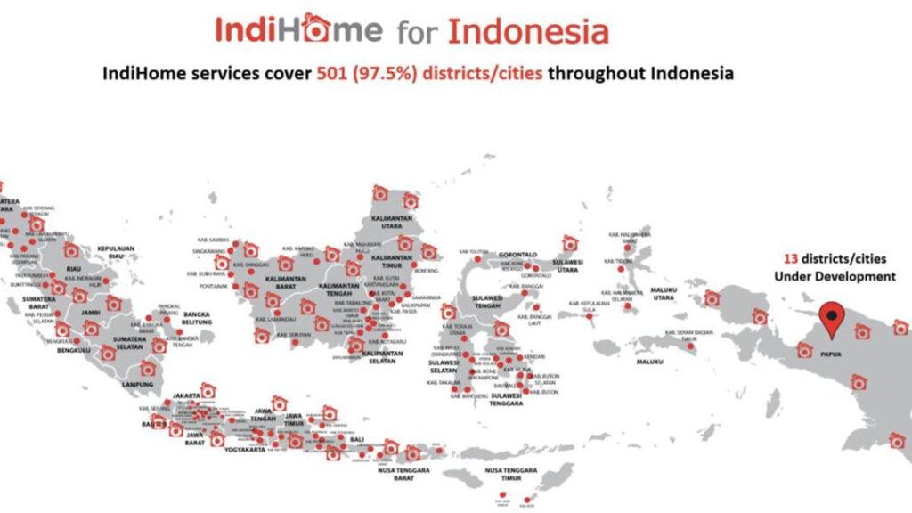 Peta jangkauan layanan pasang wifi indihome terdekat yang mencakup wilayah Jabodetabek, Jawa Barat, Jawa Tengah, Jawa Timur, hingga Bali dengan koneksi internet fiber optic.