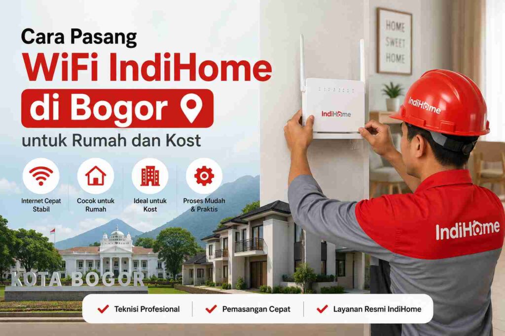 Teknisi memasang WiFi IndiHome di rumah dan kost di Bogor dengan proses instalasi cepat dan resmi.