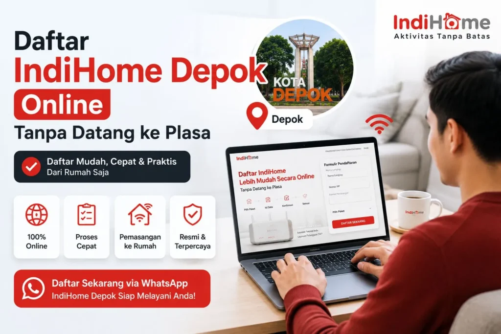 lustrasi pendaftaran IndiHome Depok secara online tanpa datang ke Plasa Telkom melalui laptop dengan proses cepat, resmi, dan praktis.