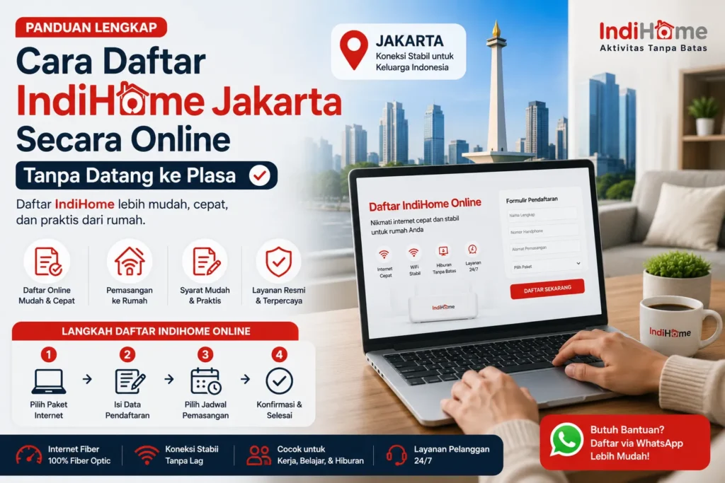 Pendaftaran IndiHome Jakarta secara online tanpa datang ke Plasa Telkom dengan proses mudah, cepat, dan resmi untuk pemasangan internet fiber.