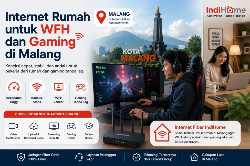 Internet rumah fiber di Malang dengan koneksi cepat dan stabil untuk WFH, meeting online, streaming, dan gaming tanpa lag.