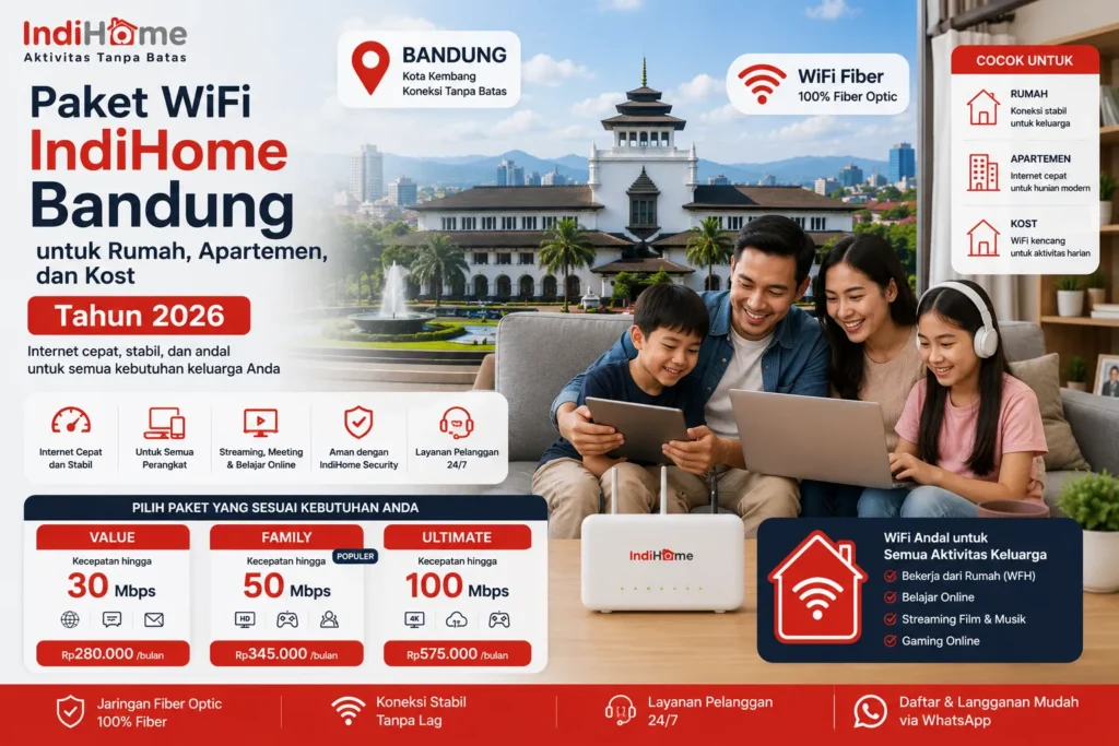 Paket WiFi IndiHome Bandung untuk rumah, apartemen, dan kost dengan internet fiber cepat, stabil, dan cocok untuk kebutuhan keluarga maupun penghuni kost.
