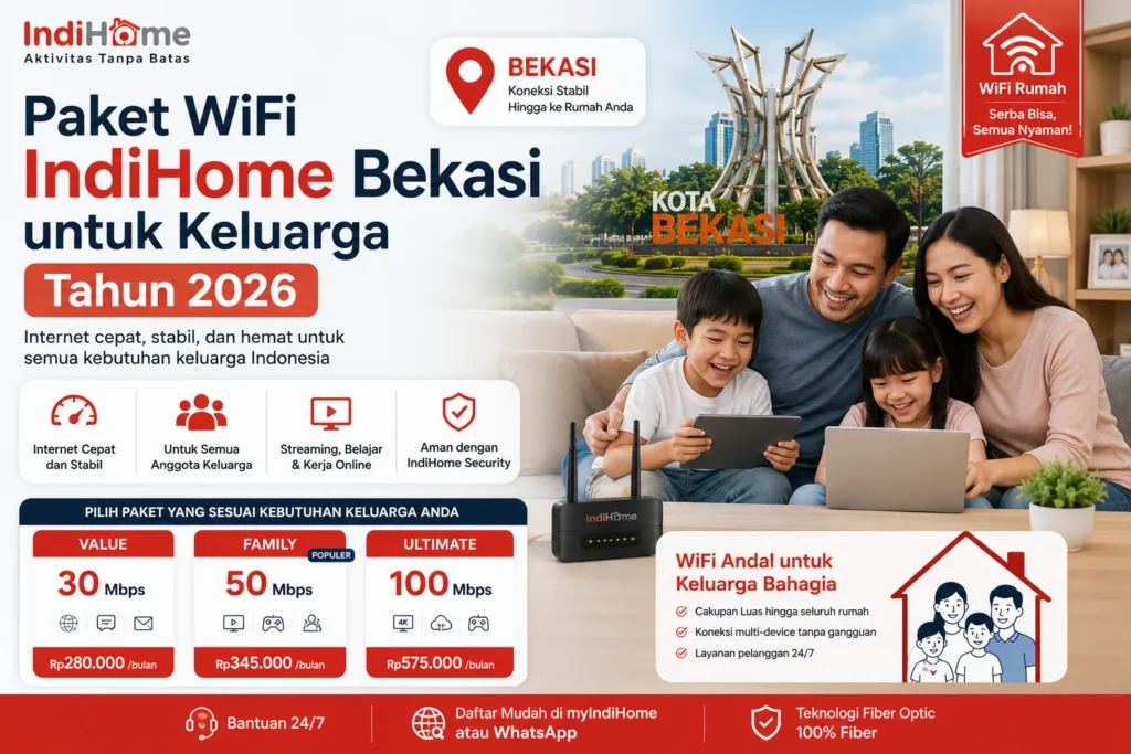 Paket WiFi IndiHome Bekasi tahun 2026 dengan internet fiber cepat dan stabil untuk kebutuhan keluarga di rumah.