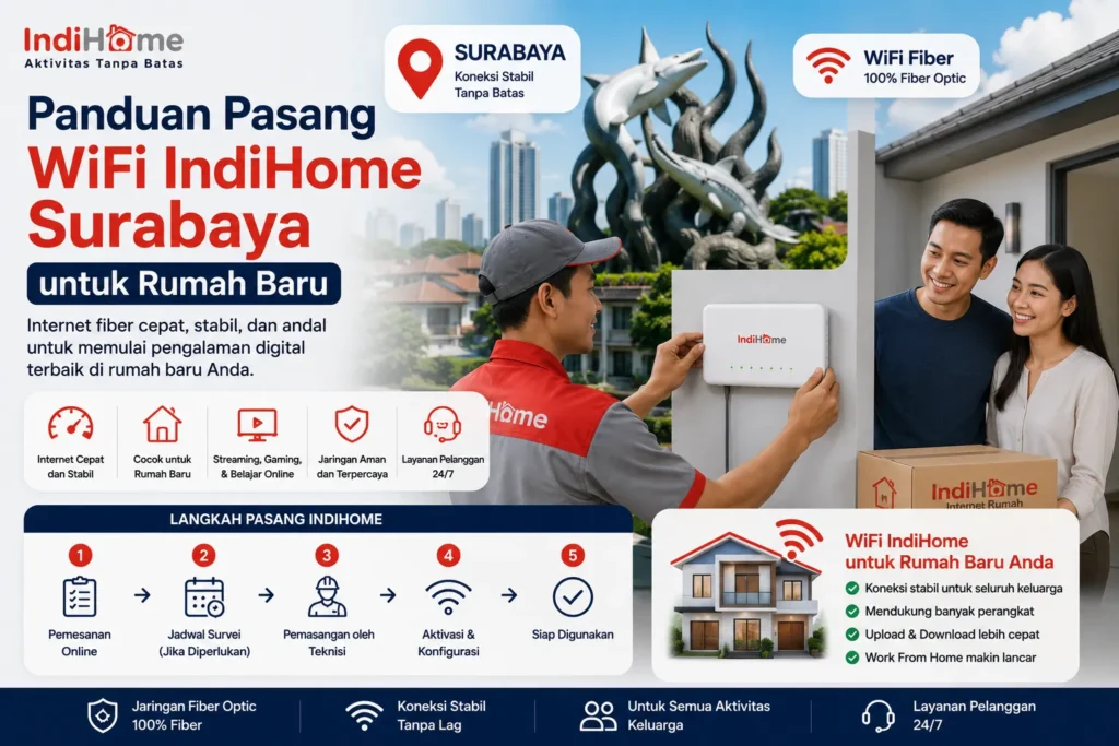 Teknisi resmi memasang WiFi IndiHome di rumah baru Surabaya dengan internet fiber cepat dan stabil untuk kebutuhan keluarga.
